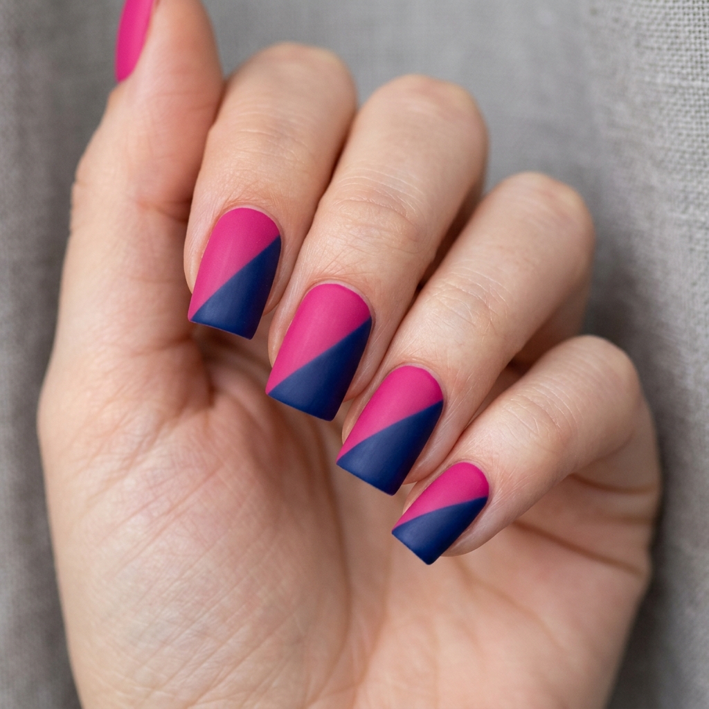 Bold Pink and Navy Blue Color Block Nails Idea