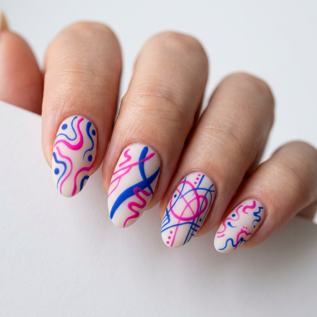 Abstract Line  Pink and Blue Nails Idea