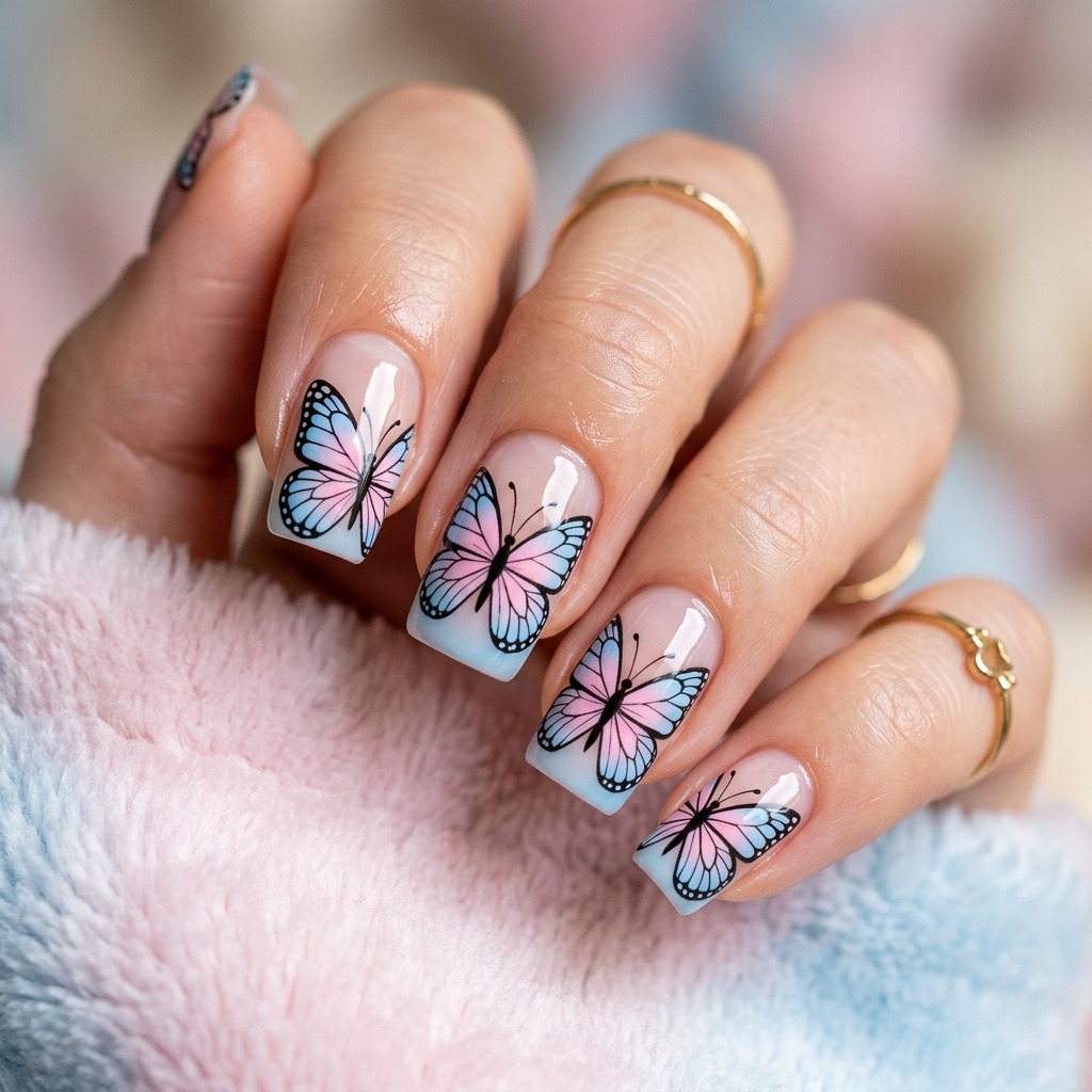 Butterfly Pink and Blue Nails Art Idea