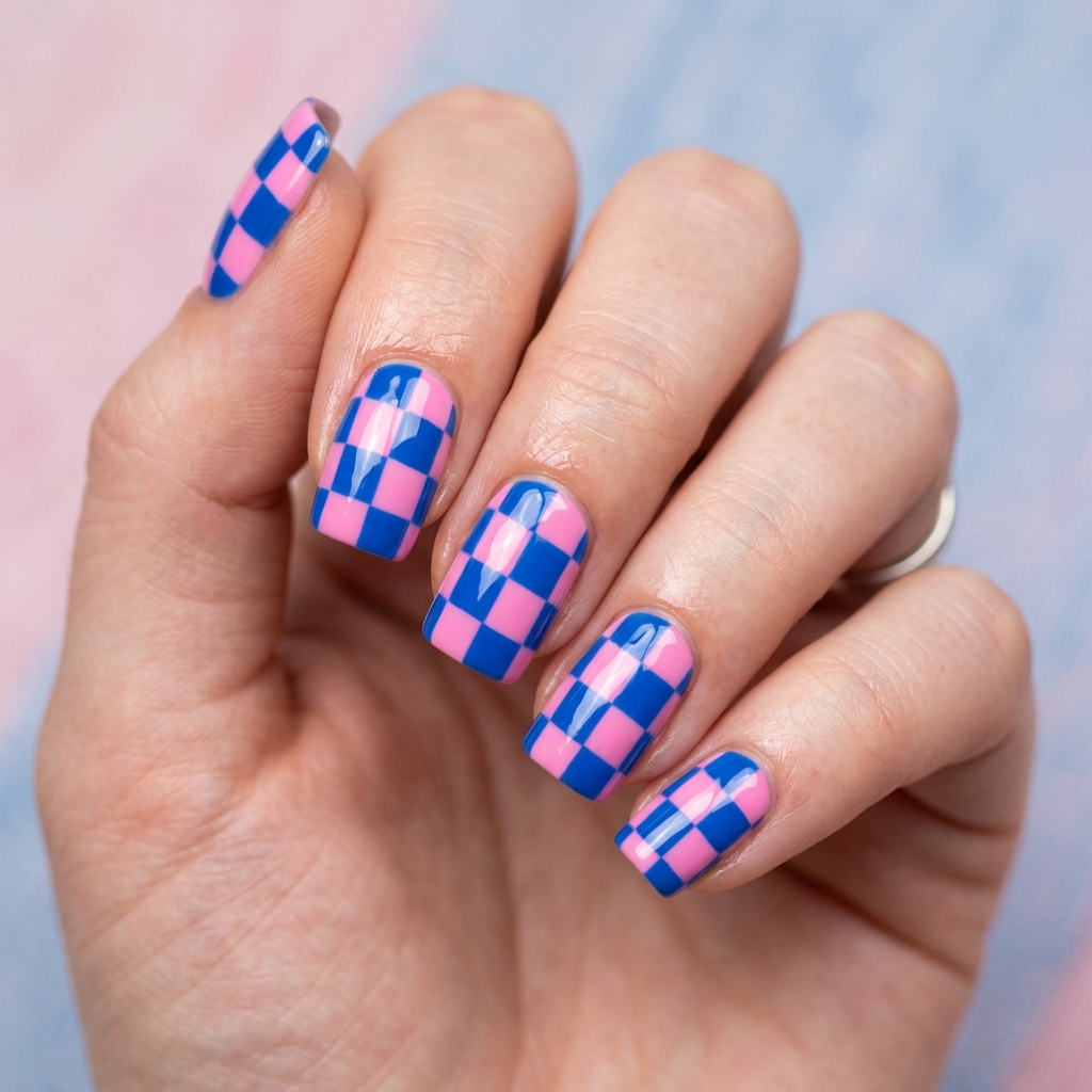 Checkerboard  Pink and Blue Nails Idea