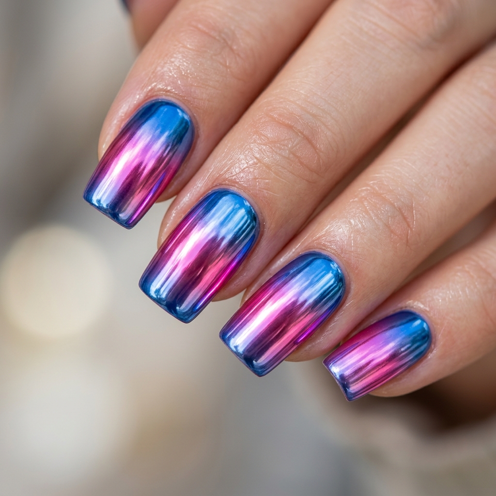 Chrome Pink and Blue Nails Idea