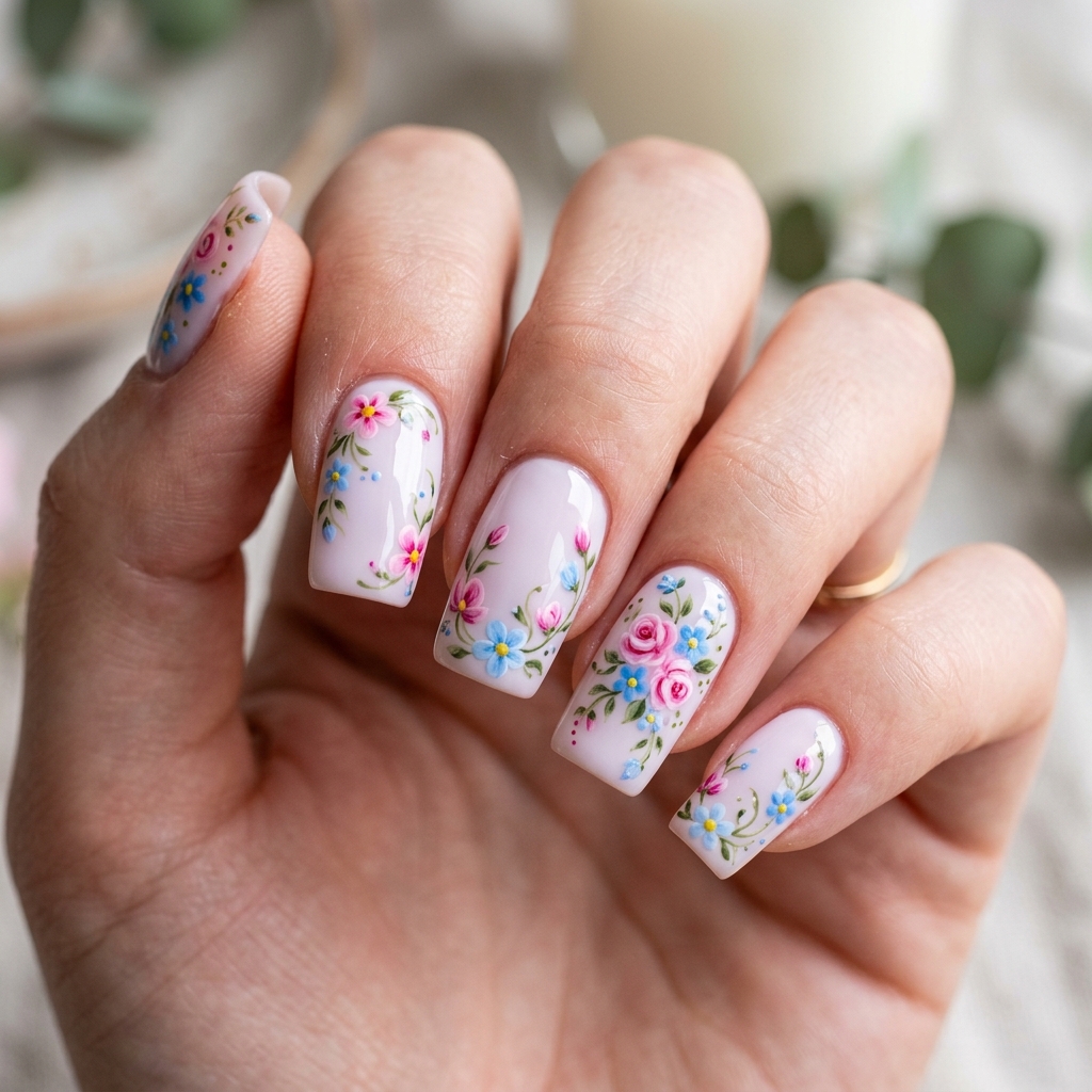 Floral Pink and Blue Nails Design Idea