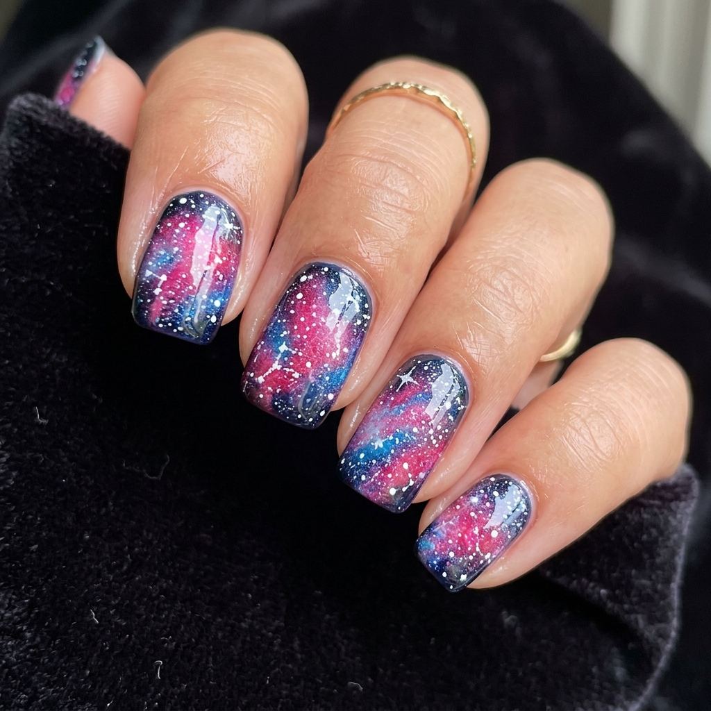 Galaxy Pink and Blue Nails Idea