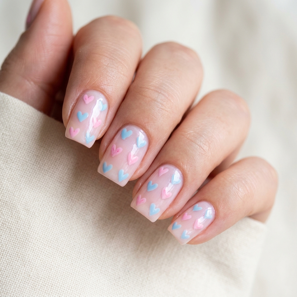  Heart  Pink and Blue Nails Art Idea