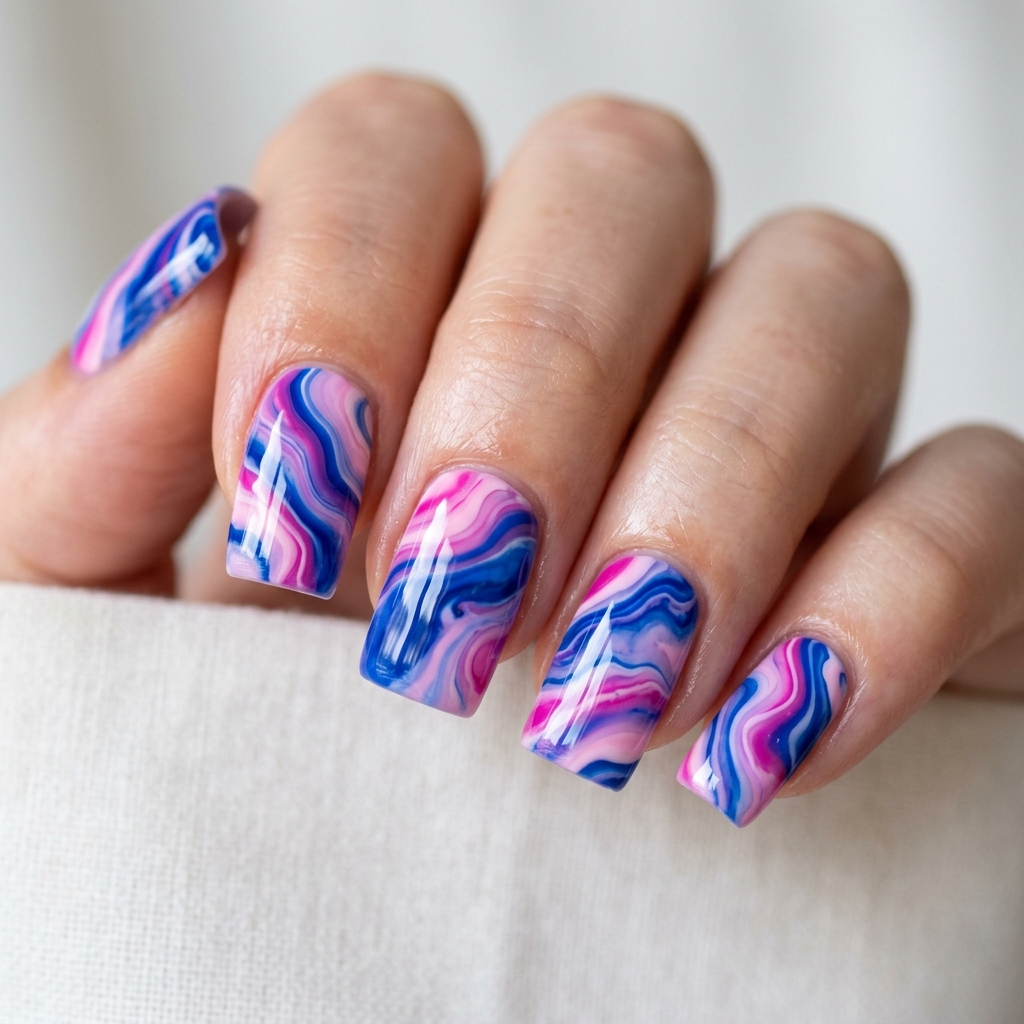 Pink and Blue Marble Swirl Nails Idea