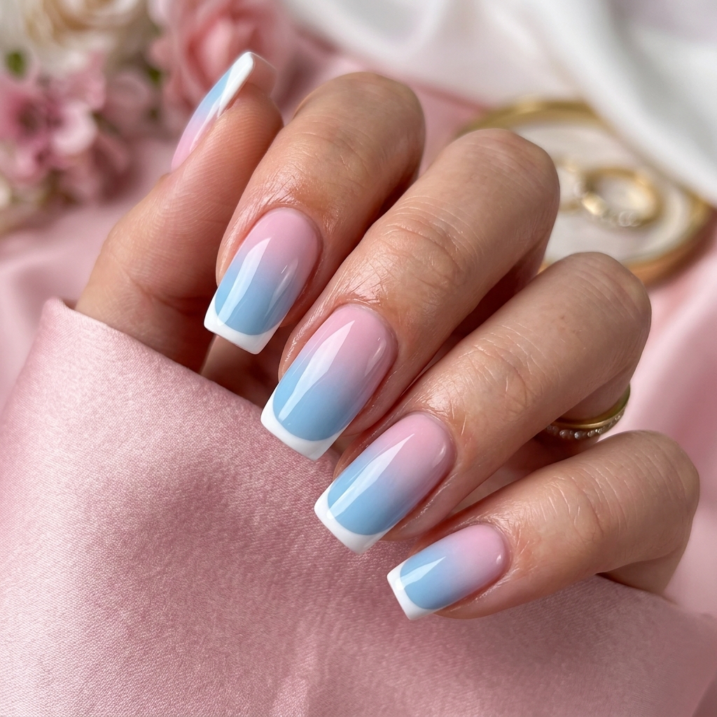 Pink and Blue Ombre French Nails Idea
