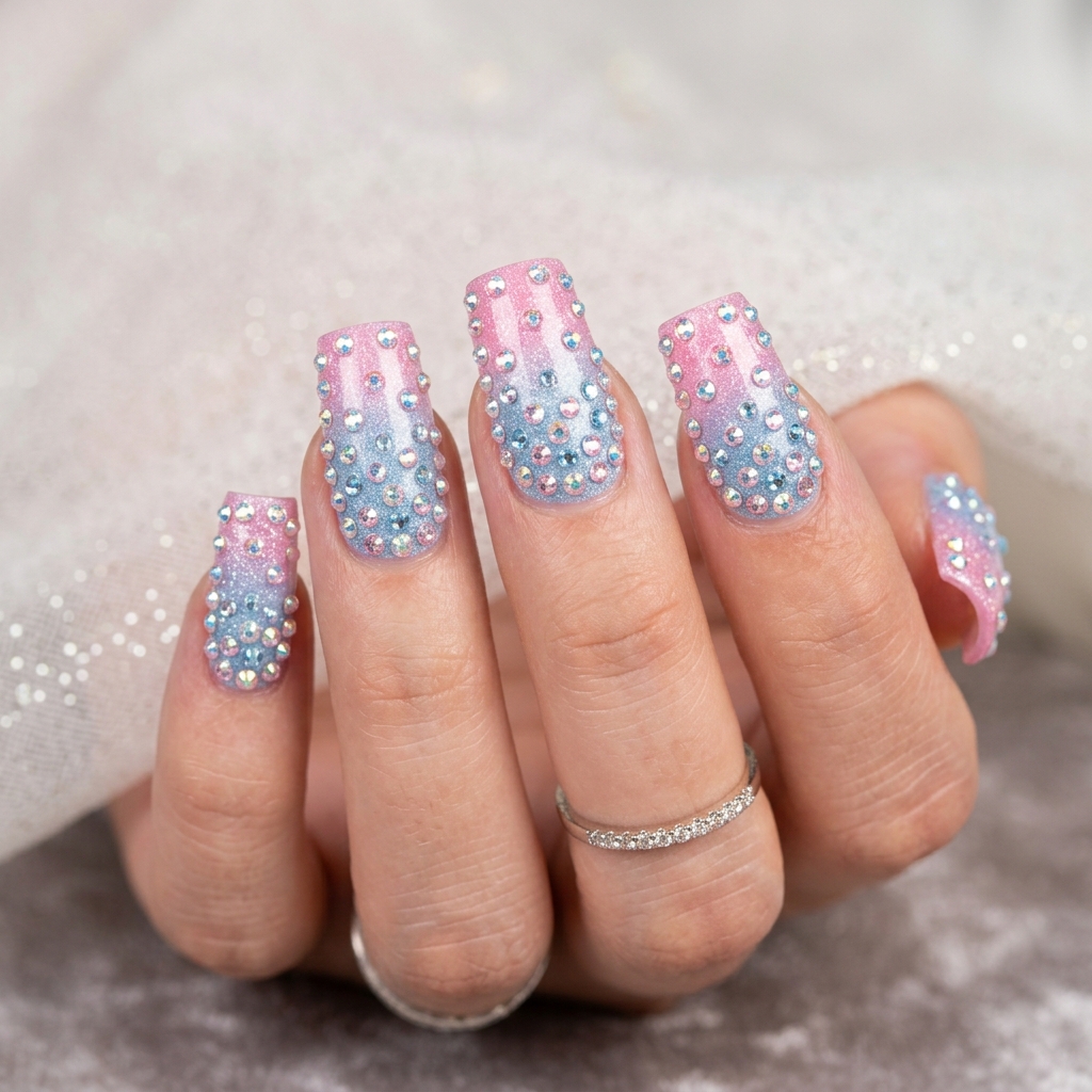 Pink and Blue Rhinestone Nails Idea