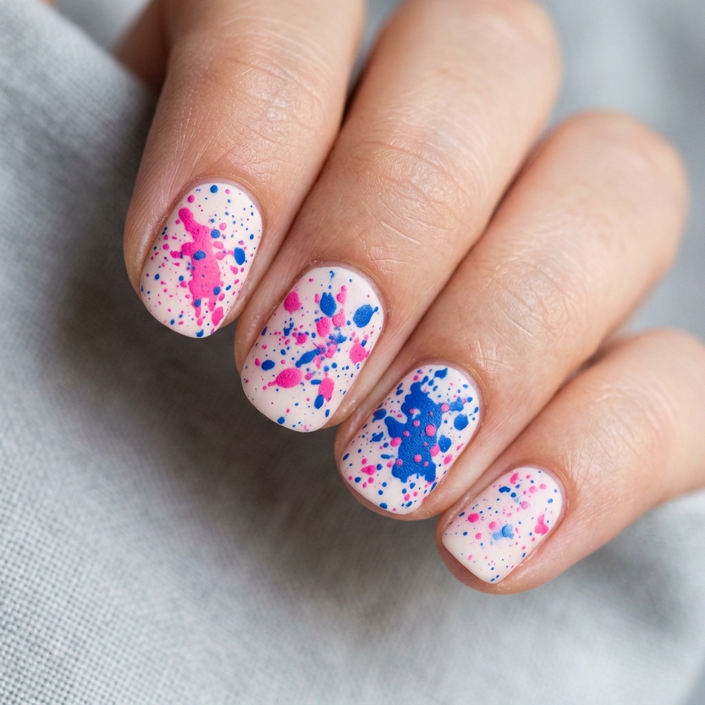 Pink and Blue Splatter Nails Idea