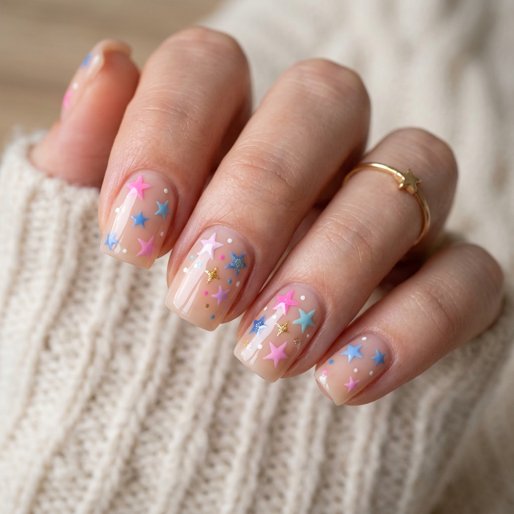 Star Pink and Blue Nails Art Idea