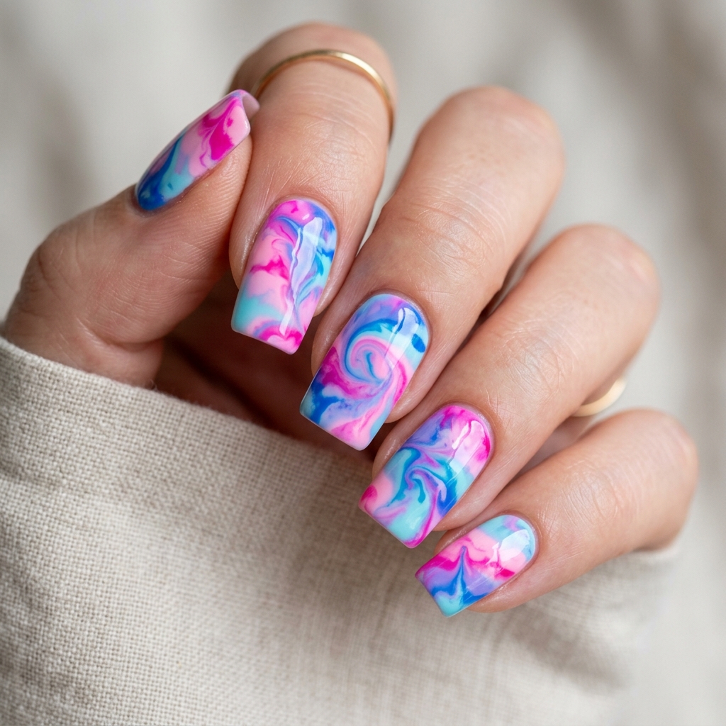 Tie Dye Pink and Blue Nails Idea