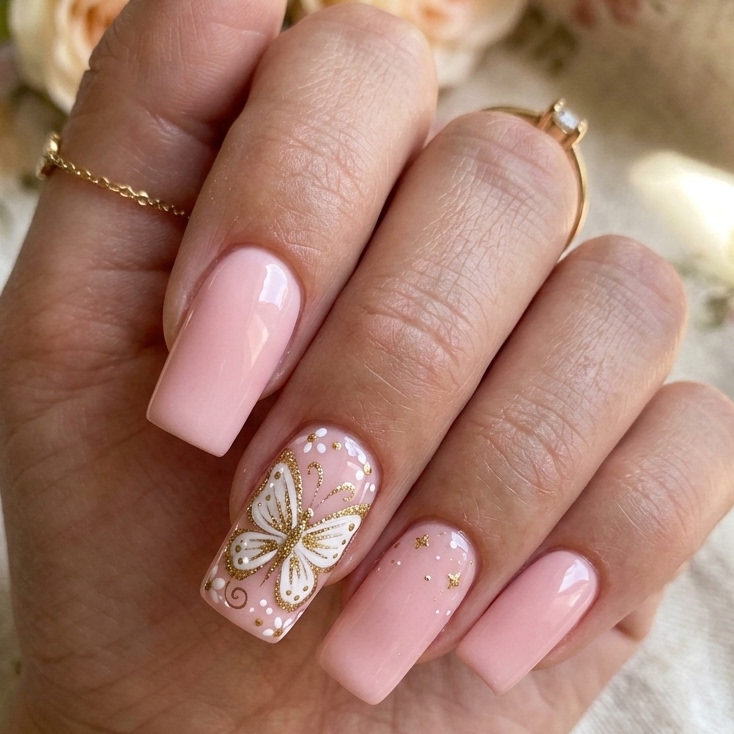 30 Pink Acrylic Nails Ideas 16 Butterfly pink acrylic nails Idea