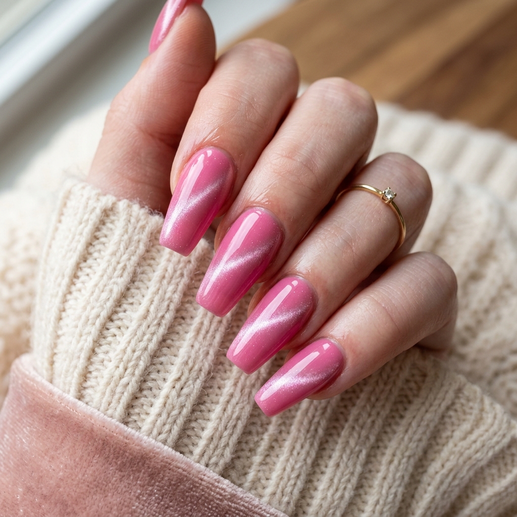 30 Pink Acrylic Nails Ideas 18 Cat Eye pink acrylic nails Idea