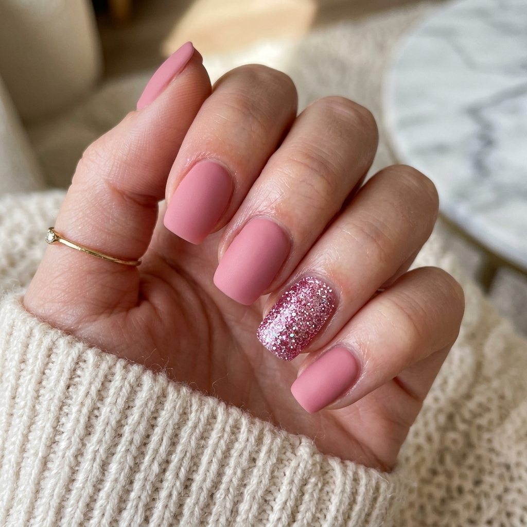 30 Pink Acrylic Nails Ideas 8 Pink Glitter Accent Nails Idea