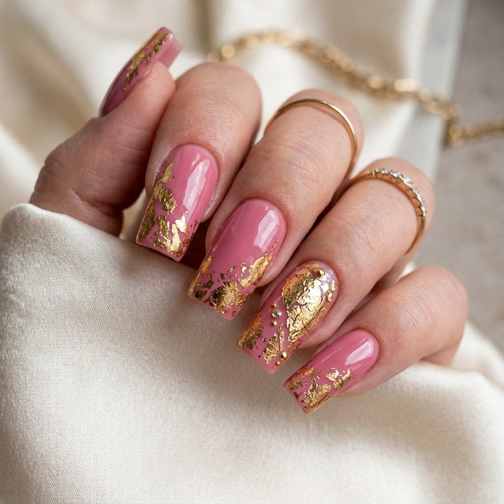 30 Pink Acrylic Nails Ideas 20 Pink and Gold Foil Nails Idea