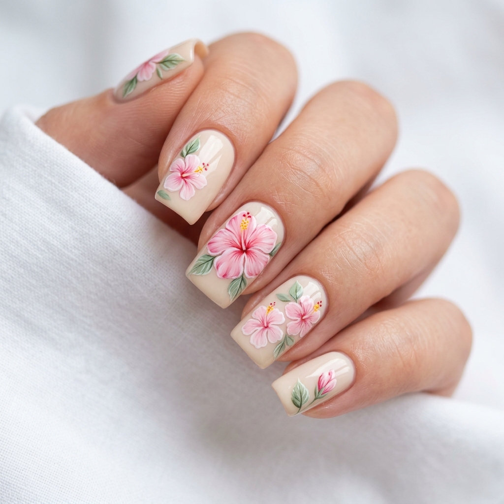 Pink Hibiscus Nail Design Ideas