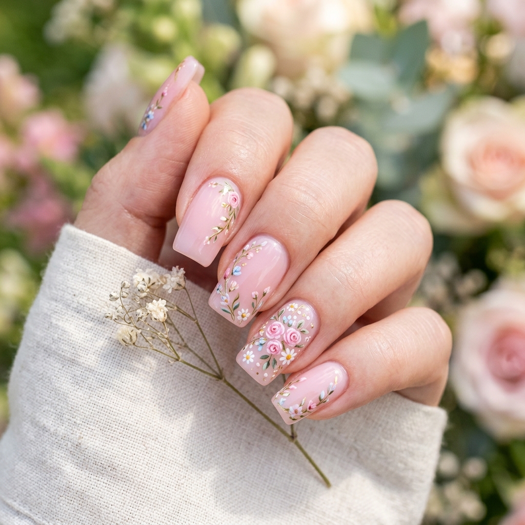 30 Light Pink Jelly Nails Ideas You'll Want to Save Now 19 Pink Jelly Nails With Floral Details