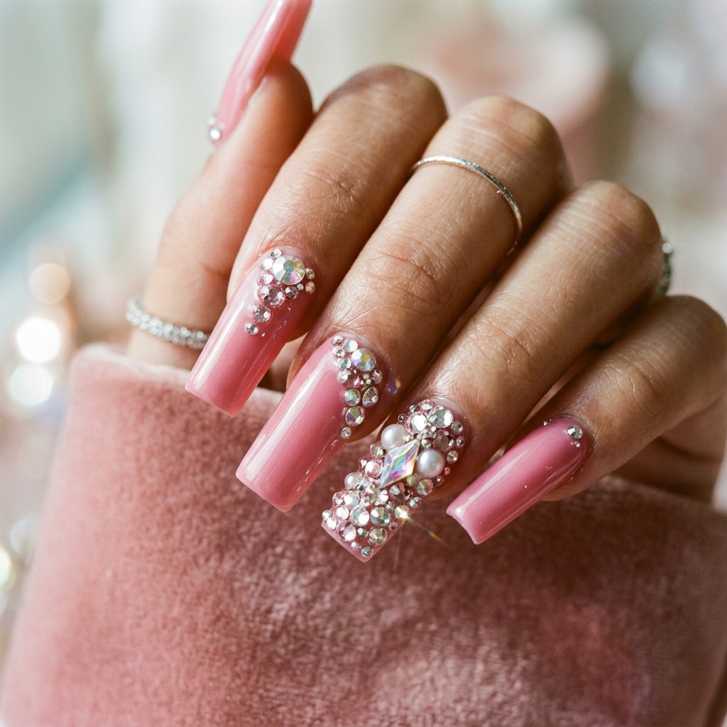 30 Pink Acrylic Nails Ideas 28 Rhinestone pink acrylic nails Idea