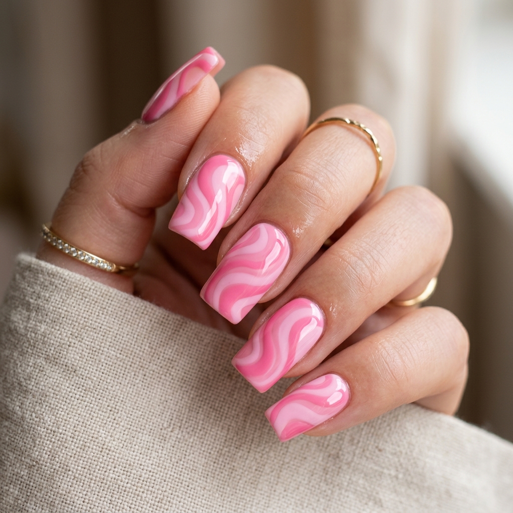 30 Pink Acrylic Nails Ideas 22 Swirl pink acrylic nails Idea