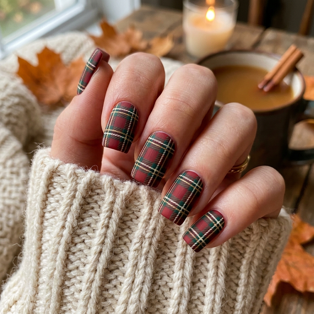 30 Cute Fall Nails Ideas for a Stylish Autumn Look 10 Plaid Pattern Cute Fall Nails Ideas