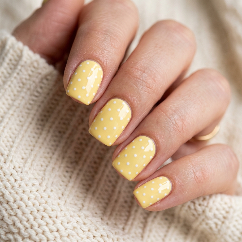 Polka Dot Butter Yellow Nails Idea
