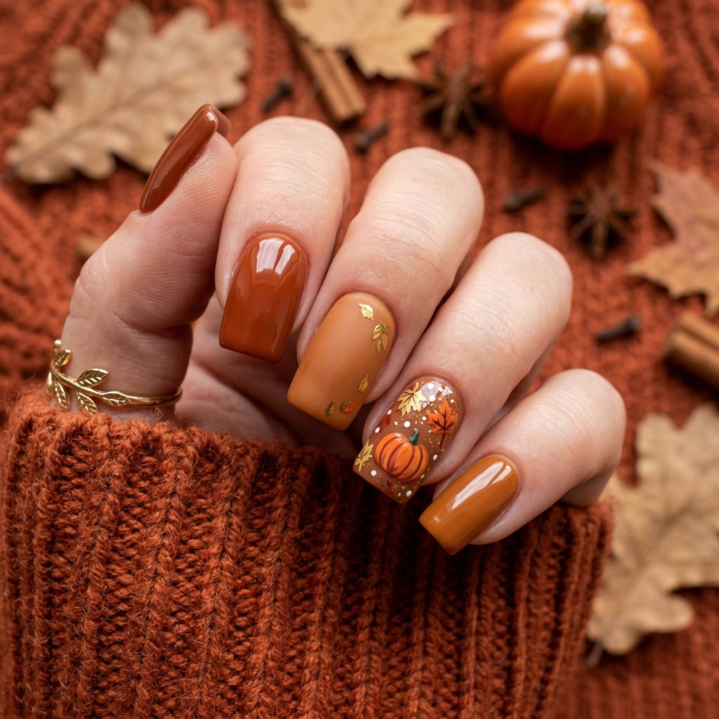 Autumn Nails Ideas: 30 Warm and Creative Ways to Style Your Manicure 23 Pumpkin Spice Autumn Nails Idea