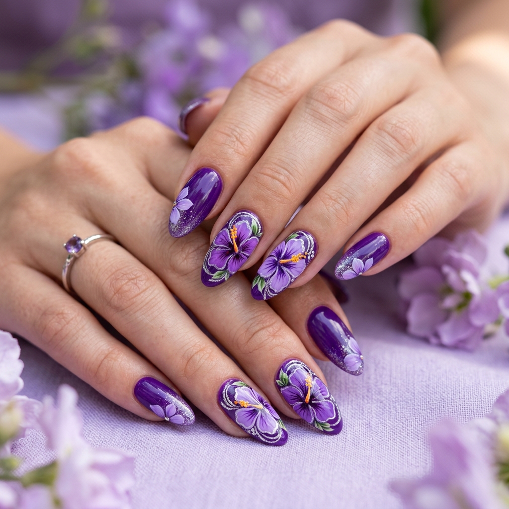 Purple Hibiscus Flower Nail Ideas