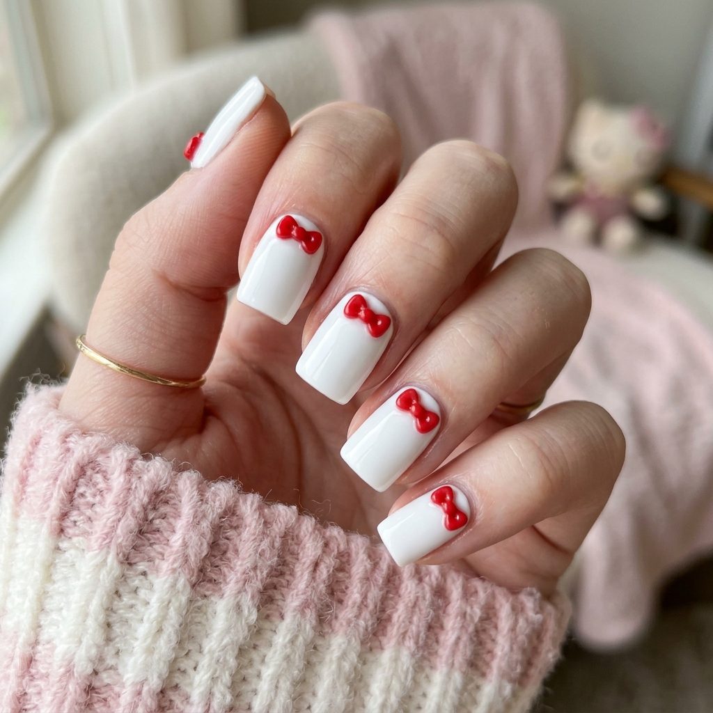30 Hello Kitty Nails Ideas to Spark Your Next Manicure 5 Red Bow Hello Kitty Nail Idea