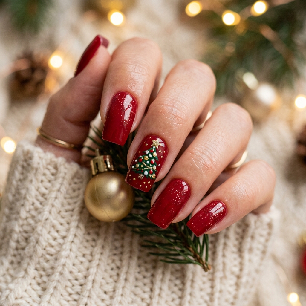 Red Christmas Tree Nail Art Idea