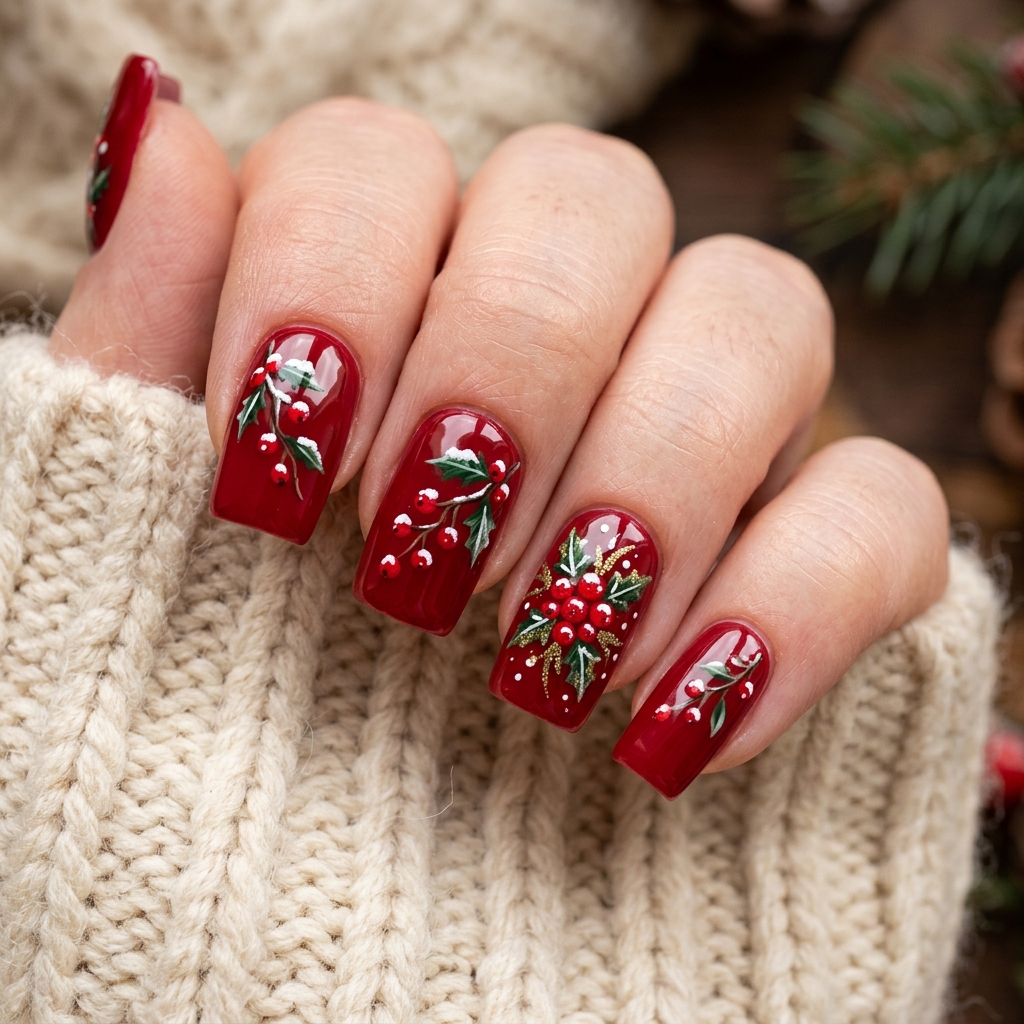 Red Winter Berries Nail Art Idea