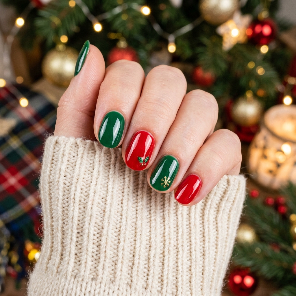 Red and Green Accent Nails Idea