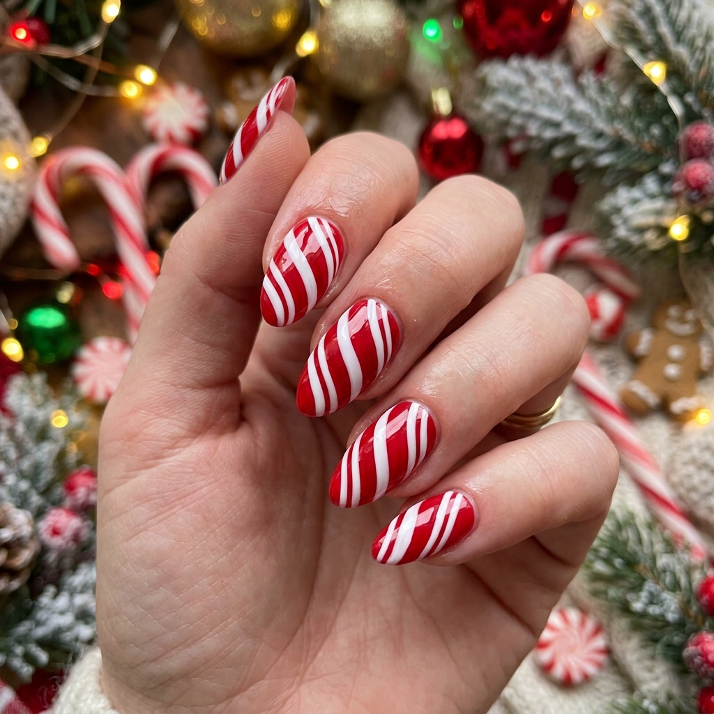 Red and White Candy Cane Nails Idea