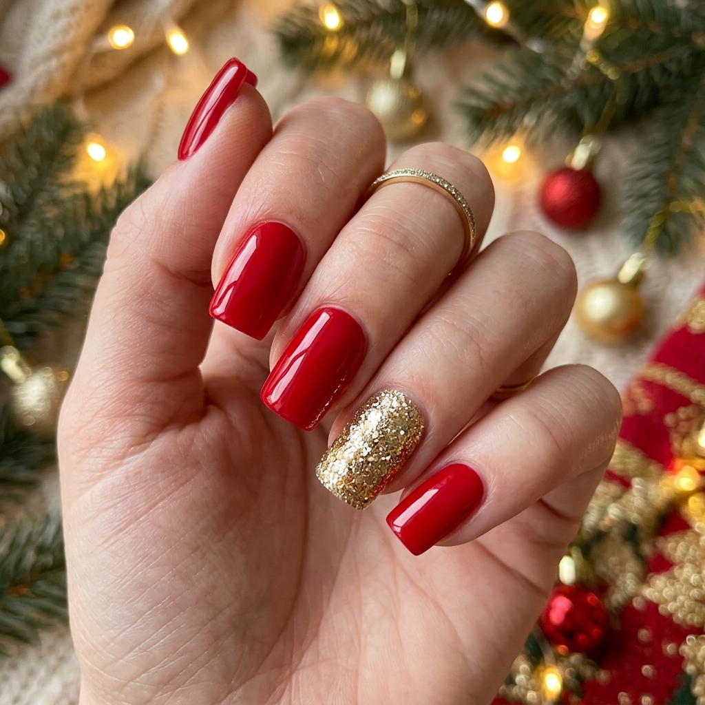 Red and Gold Glitter Nails Idea