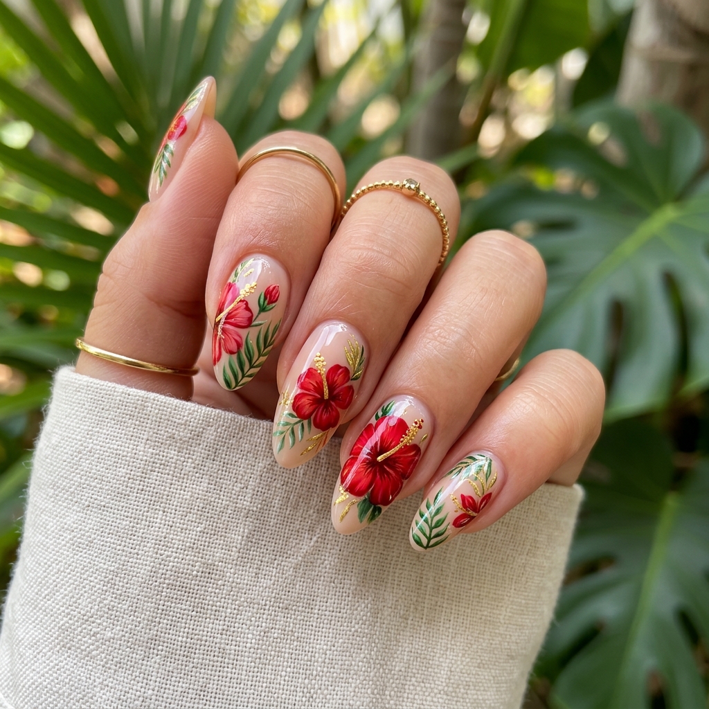 Red Flower hibiscus flower nails Ideas