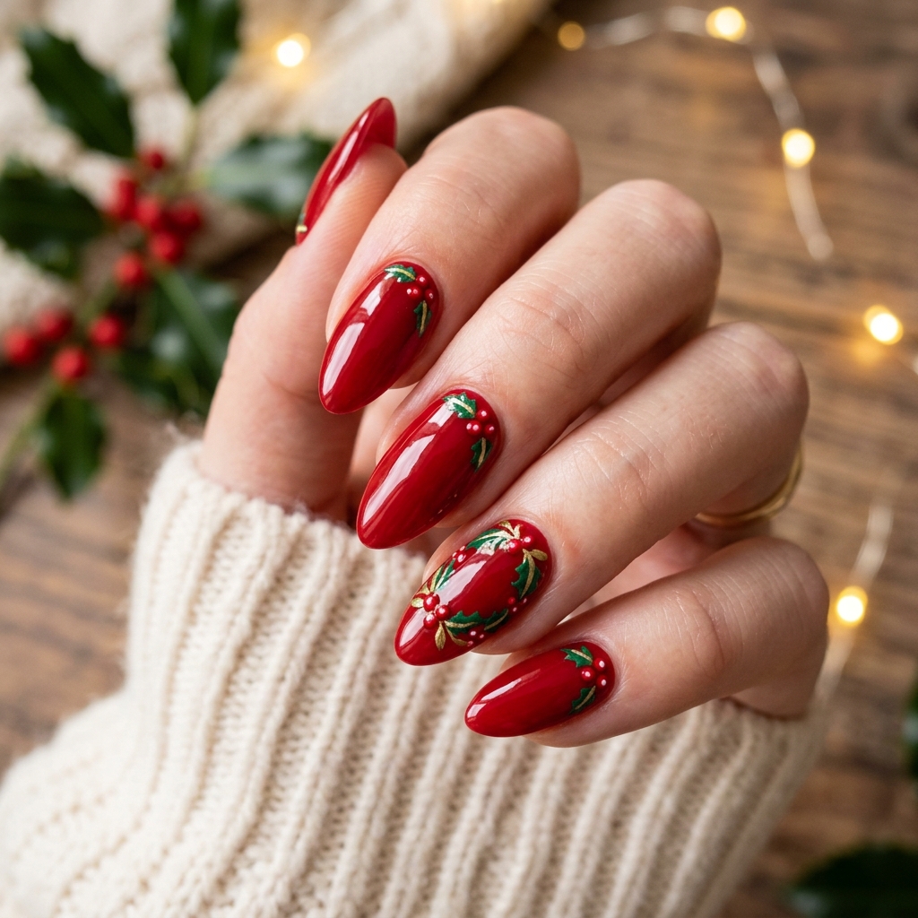 Holly Berry Red CHRISTMAS NailS Art Idea