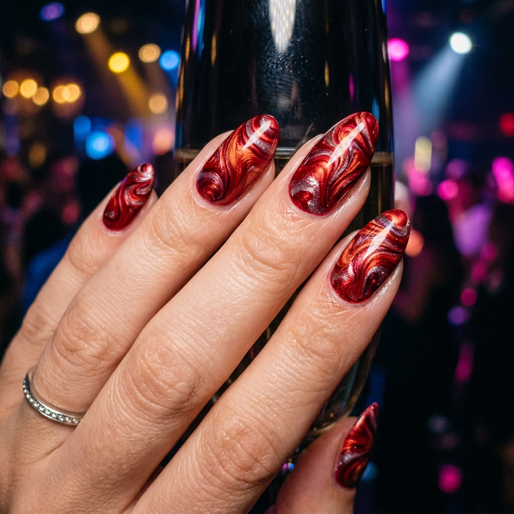 Red Metallic Swirl Nails Idea