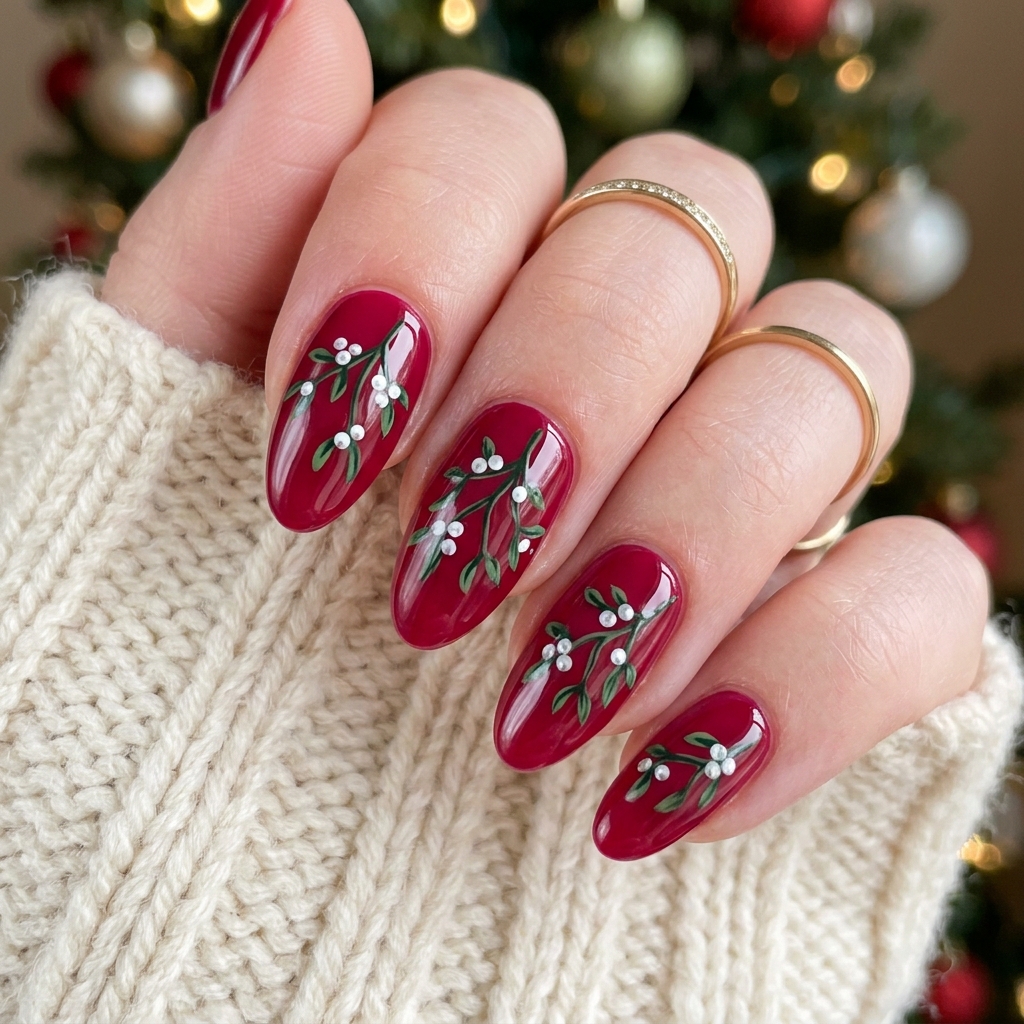 Red Mistletoe Nail Art Idea