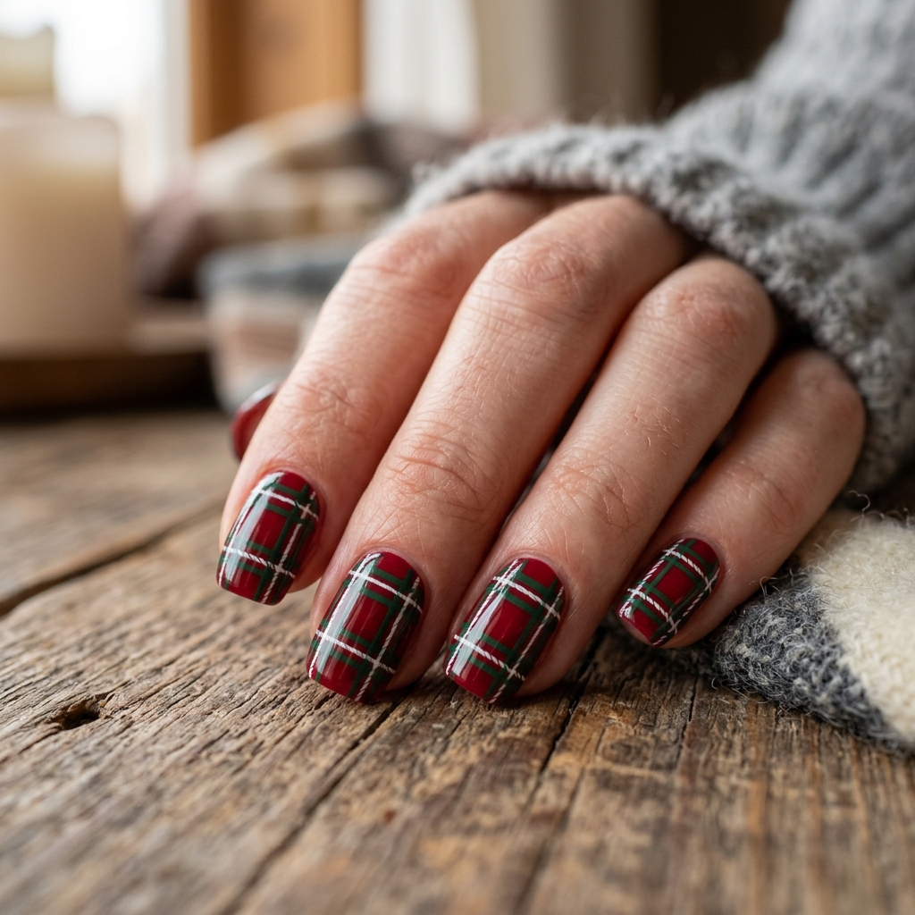 Red Plaid Pattern Nails Idea