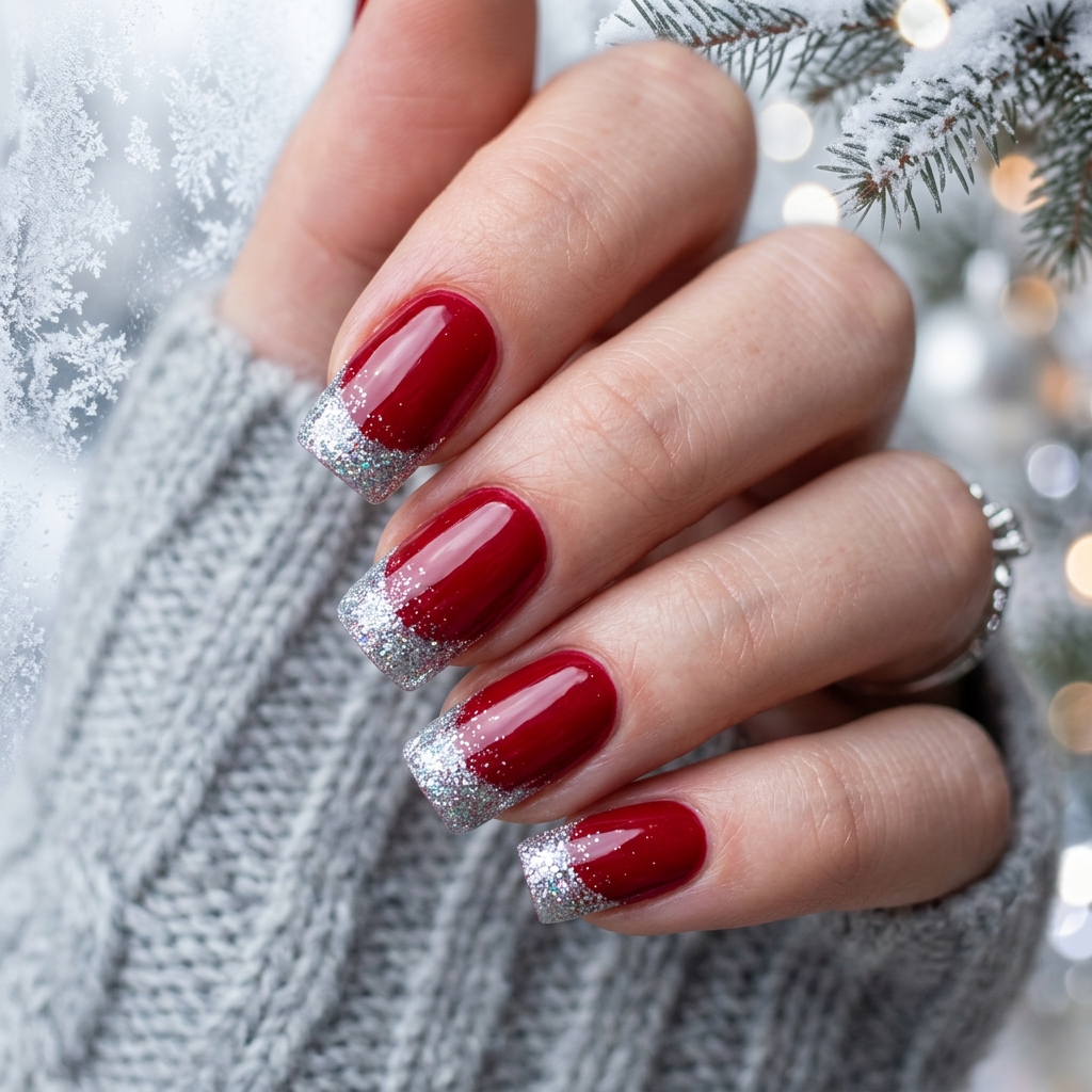 Red and Silver Sparkle Nails Idea