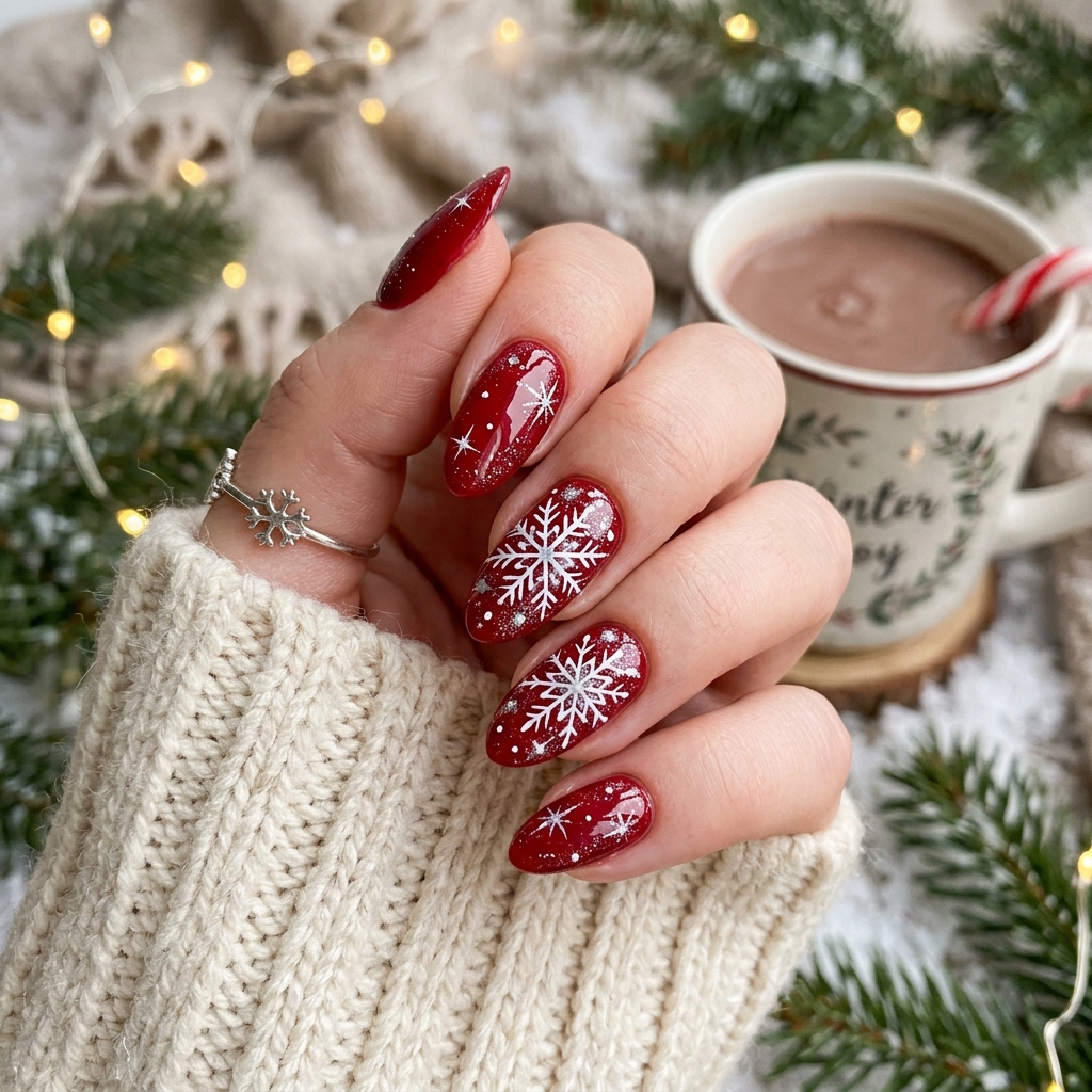 Snowflake Red CHRISTMAS Nails Art Idea