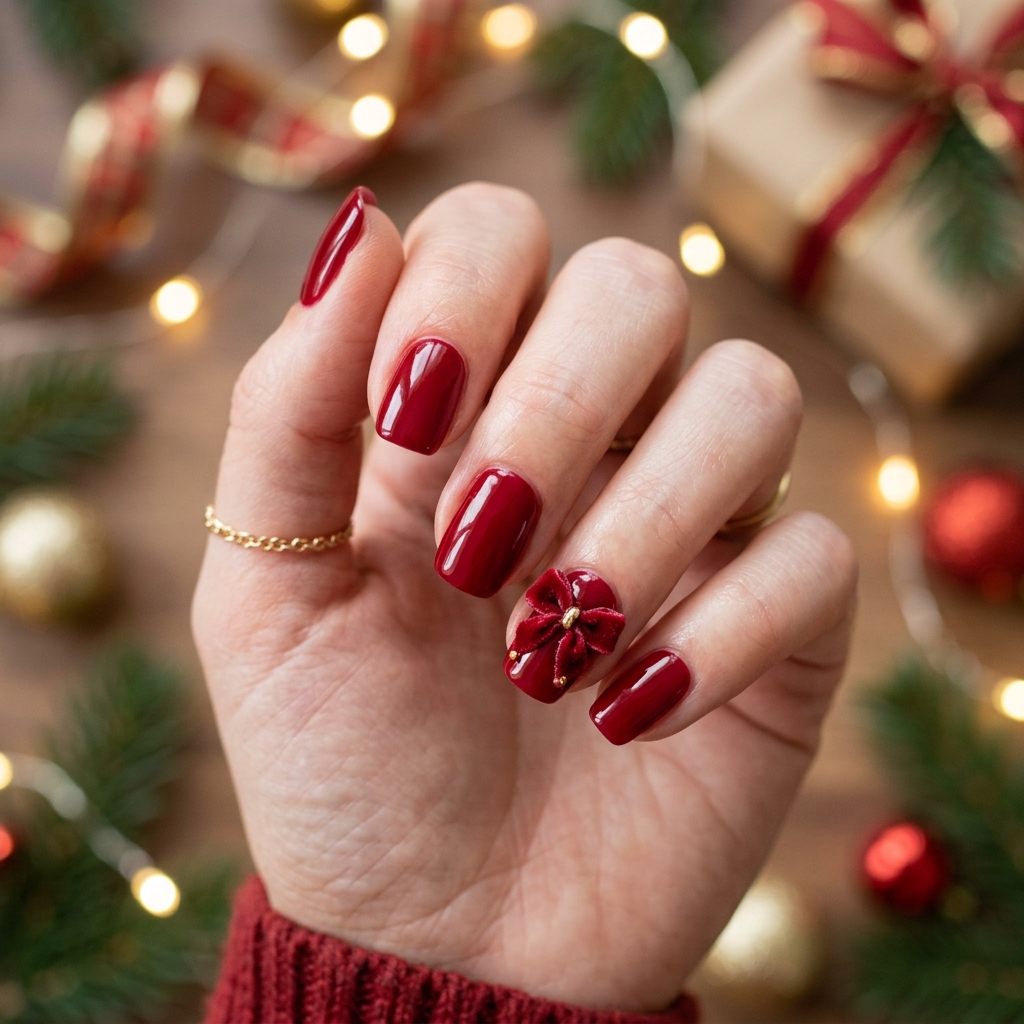 Red Velvet Bow Nail Art Idea