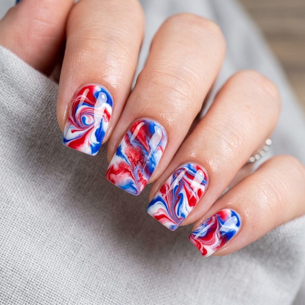 Red White and Blue Marble Nails Ideas