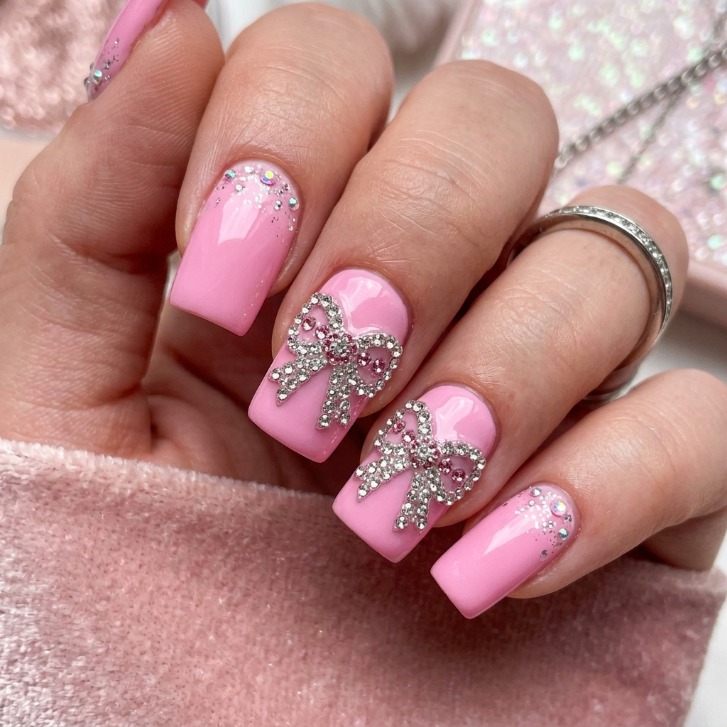 30 Hello Kitty Nails Ideas to Spark Your Next Manicure 11 Rhinestone Hello Kitty Nail Idea