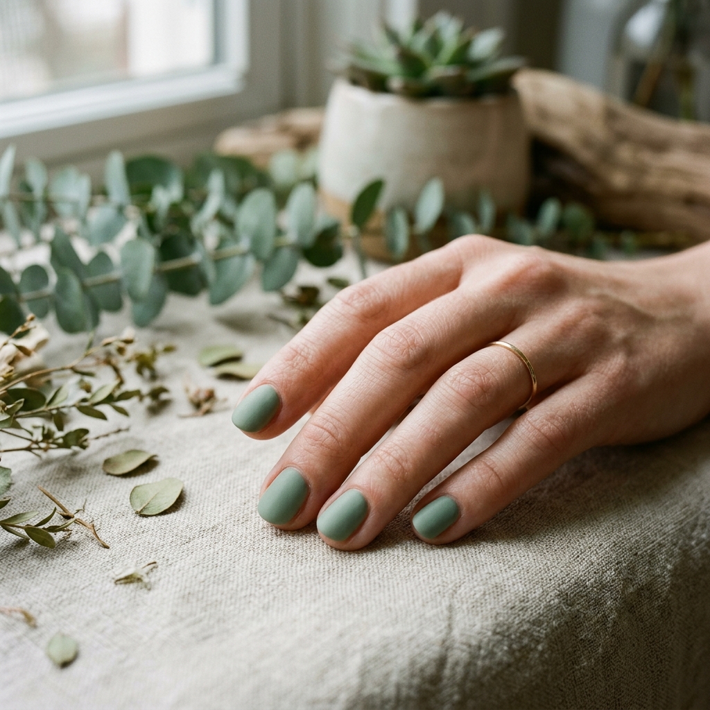 30 Short Round Nails Ideas That Bring Effortless Style to Life 16 Sage Green Short Round Nail Idea