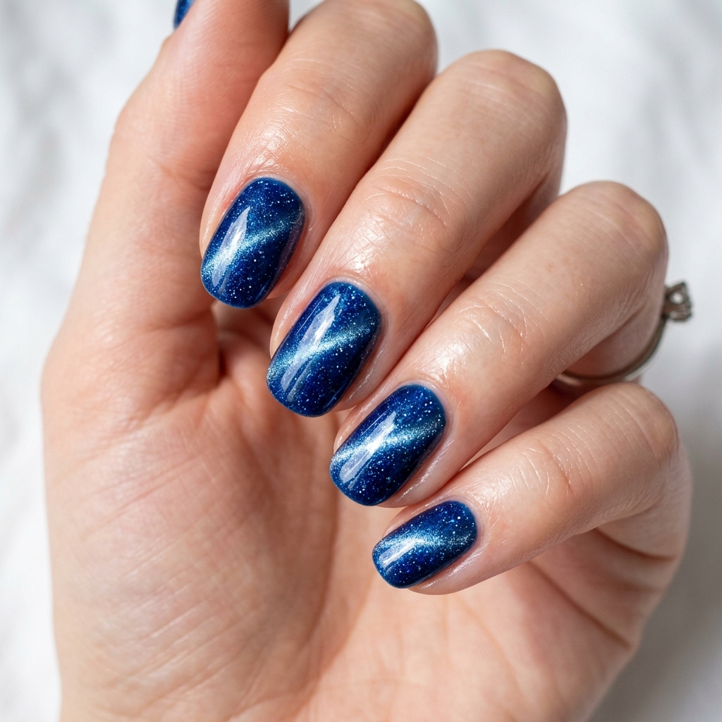 Sapphire Shimmer Cat Eye Nails Idea