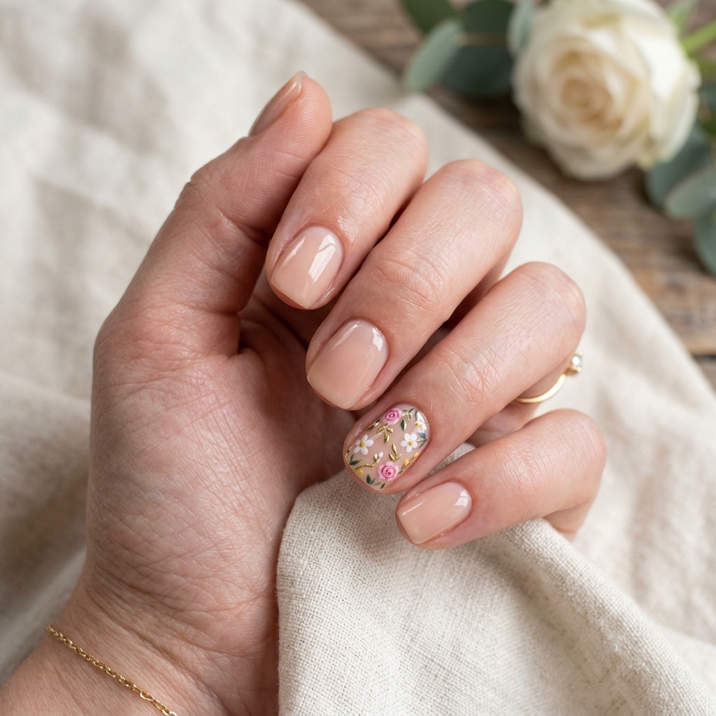 Short Acrylic Nails Round Up: 30 Stylish Looks for Every Nail Shape 22 Short Floral Accent Nails Ideas