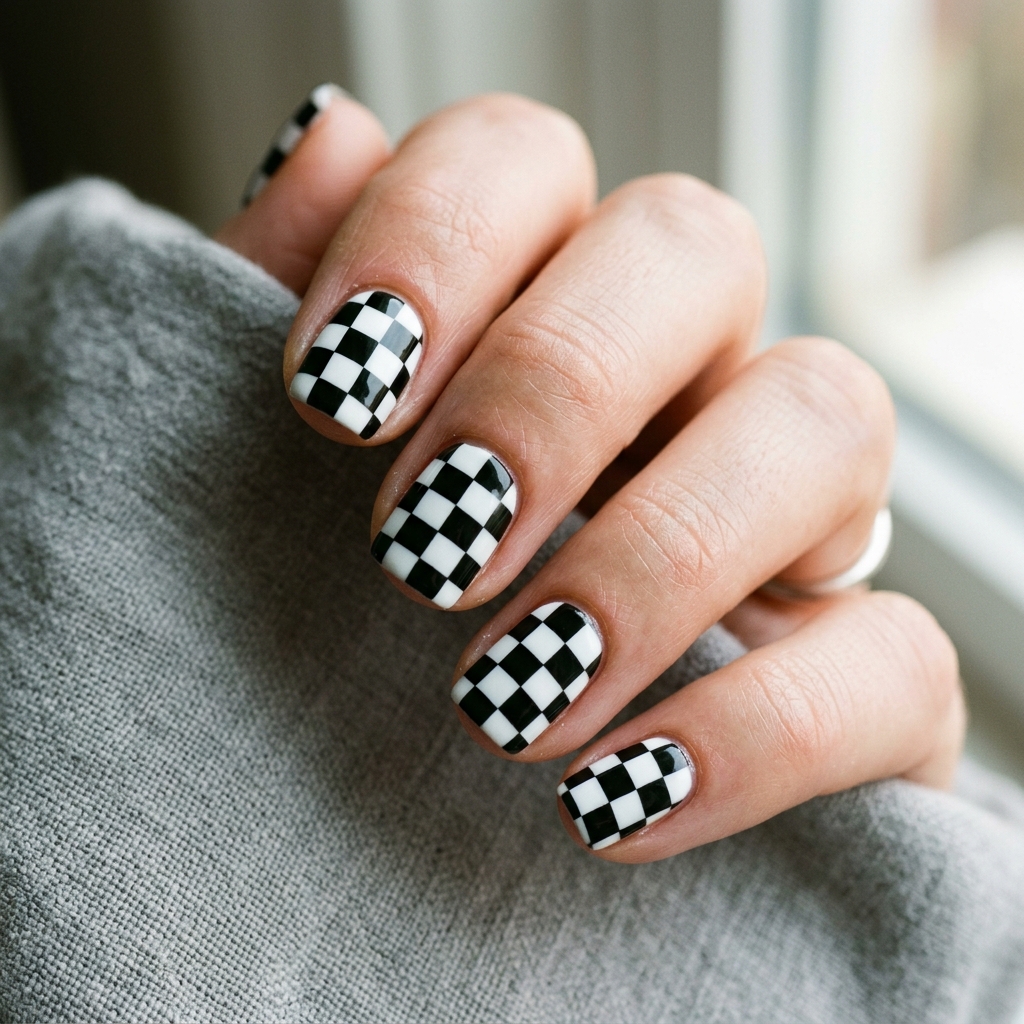 Short Acrylic Nails Round Up: 30 Stylish Looks for Every Nail Shape 28 Short Checkerboard Nails Ideas