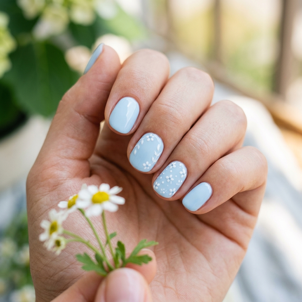 30 Short Round Nails Ideas That Bring Effortless Style to Life 17 Sky Blue Short Round Nails Idea