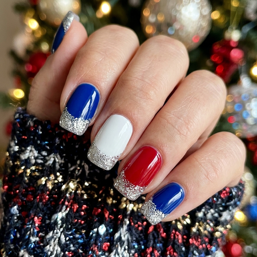 Silver Glitter Tip 4th of July Nails