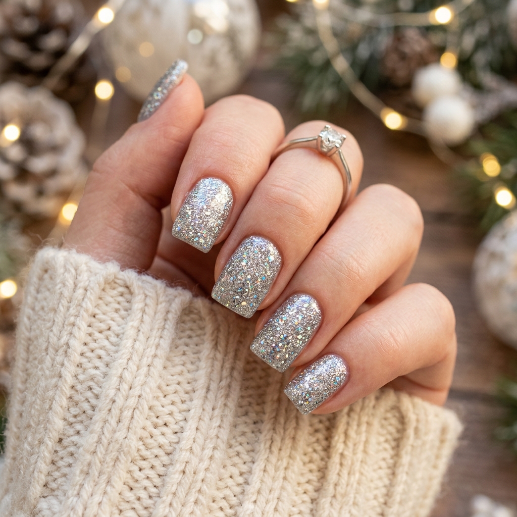 Silver Glitter Winter Nail Idea