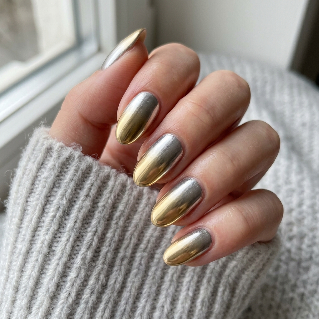 30 Chrome Ombre Nails Ideas for a Shine That Never Quits 2 Silver to Gold Chrome Ombre Ideas